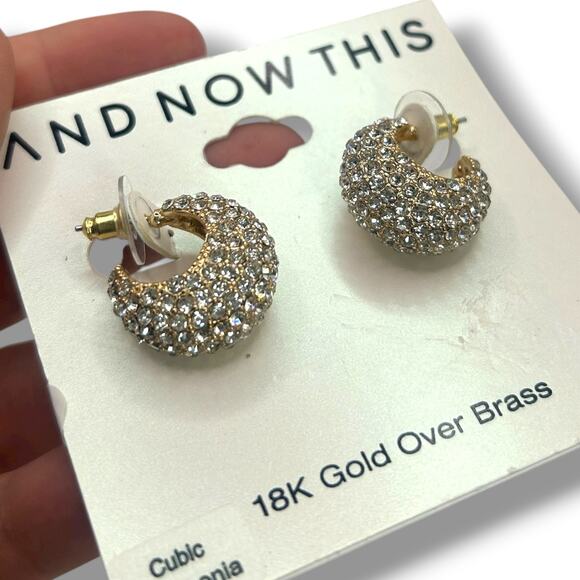 NEW And Now This 18K Gold Over Brass Small Pavé C-Hoop Earrings 0.85" - Picture 5 of 10